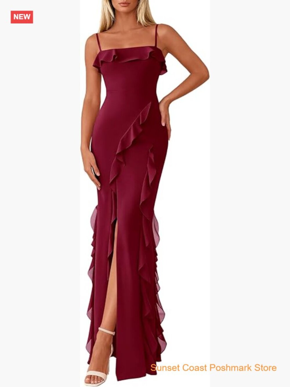 Women Bodycon Maxi Dress Mesh Ruffle Spaghetti Strap Square Neck Formal